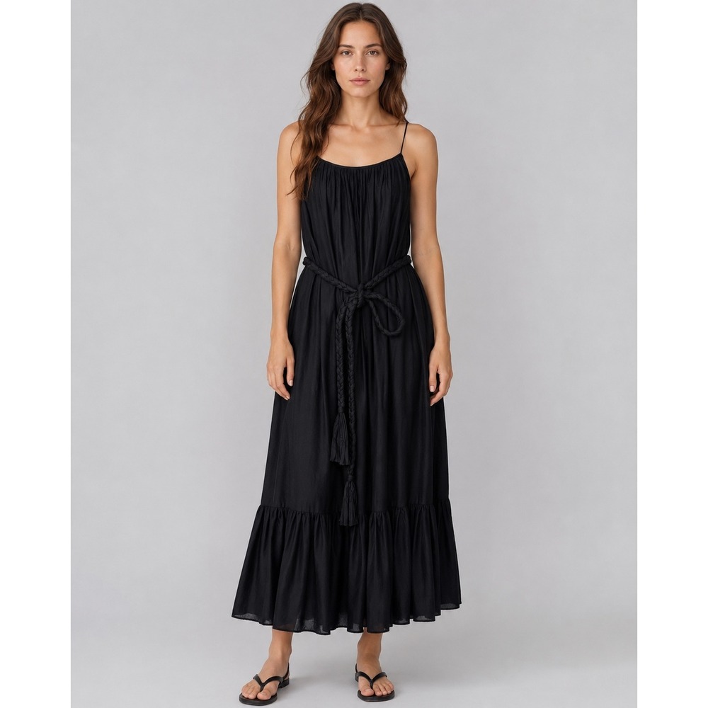 Rhode Resort Lea Dress Womens S Black Poplin Midi Braided Belt Flowy Old Money